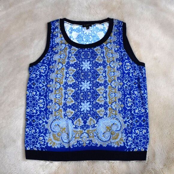 Talbots Sleeveless Sweater Pullover Size M Petite Blue Boho Paisley Vest - Picture 2 of 15